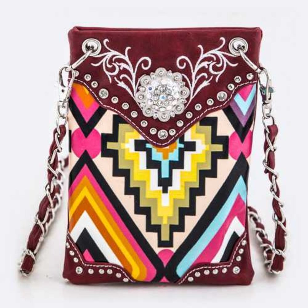 Crystal Concho & Tribal Print Leather Swing Bag